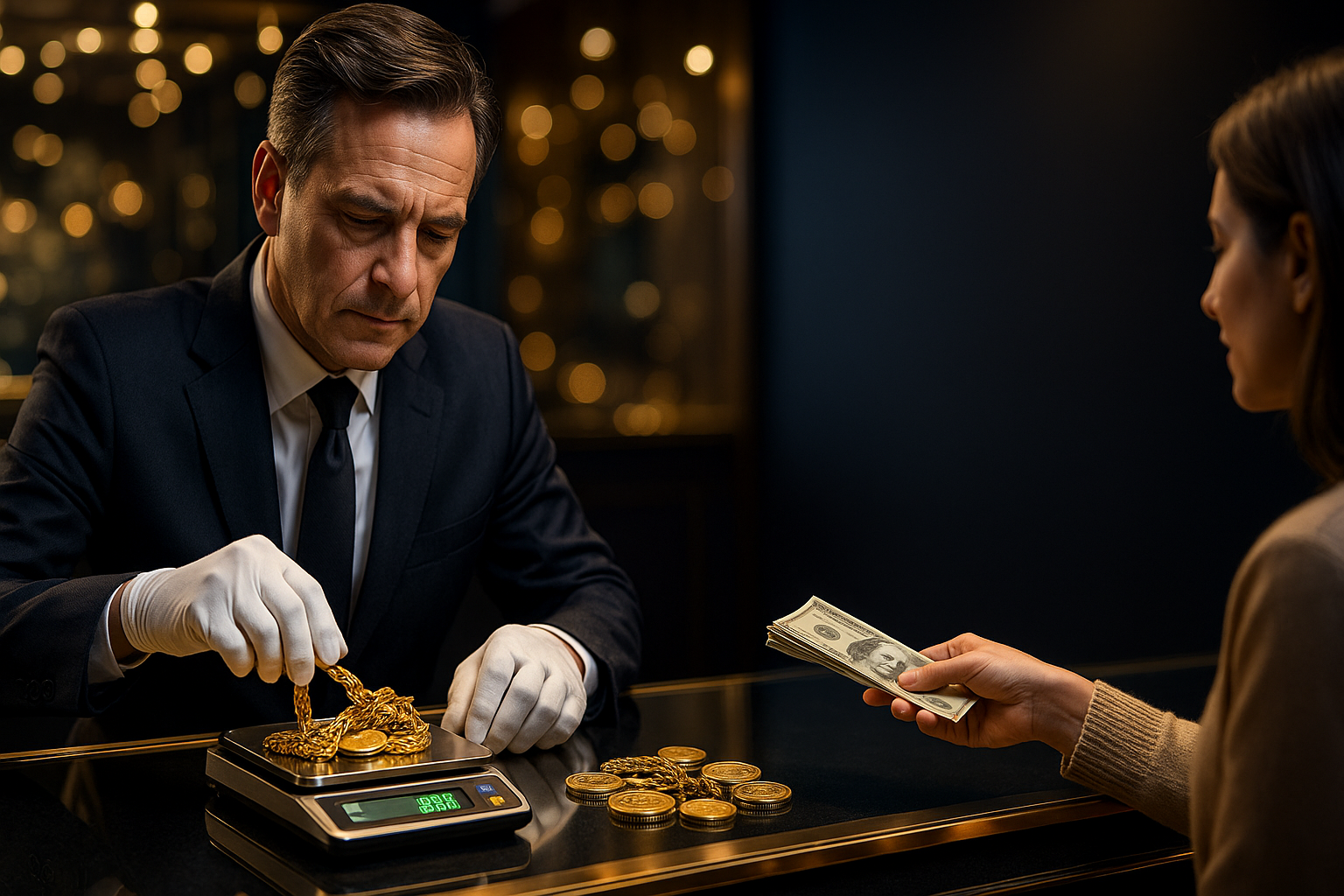 Gold buyer weighing and paying cash for jewelry